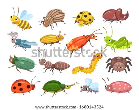 Cartoon beetle. Funny smiling bugs, children beetles. Happy insects, ladybug and caterpillar, larva. Wild forest world vector illustration