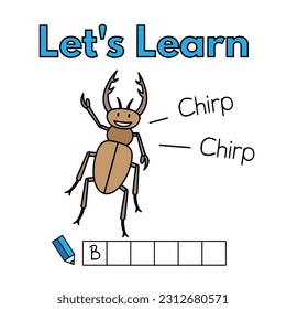 Cartoon beetle learning game for small children - write the word. Vector illustration for kids