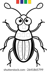 A cartoon beetle outline with blank squares for coloring, and a color palette guide at the top.