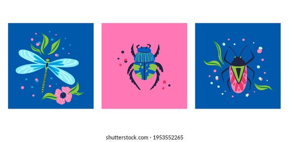 Cartoon beetle poster set. Doodle bright colorful hand drawn bug and dragonfly, beautiful insect pink and blue colors modern decor element, vector isolated illustration, contemporary print collection