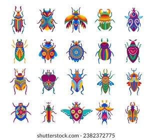 Cartoon beetles. Funny bugs with colorful ornaments on wings and back. Fantasy animals, alien planet insects or bugs, fairytale isolated vector beetles with vibrant, mexican or african patterns