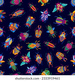 Los escarabajos de dibujos animados tienen un fondo de patrón ininterrumpido de insectos e insectos de colores vectoriales. Patrón de escarabajos de bichos o cucharaditas con colores florales brillantes adornos o arte alebrije mexicano o patrón de mosaico