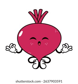 A cartoon beetroot character with a zen-like expression, arms in the ok gesture, conveying peace and meditation on a white background.