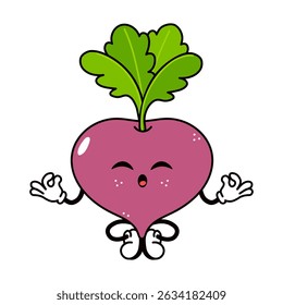 Cartoon Beetroot sitting cross legged, practicing mindfulness, embodying wellness and vegetarian lifestyle