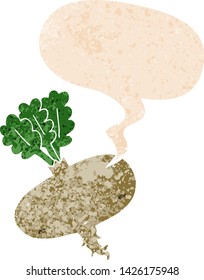 cartoon beetroot with speech bubble in grunge distressed retro textured style