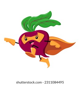 Cartoon beetroot super hero vegetable character. Isolated vector funny beet fairytale comics personage in cape and mask flying with raised fist. Healthy vitamin food, natural garden plant superhero