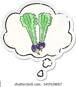 cartoon beetroot with thought bubble as a distressed worn sticker