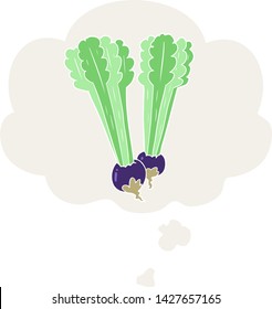 cartoon beetroot with thought bubble in retro style