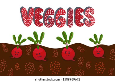 Cartoon beetroot underground in garden bed, smiling vegetables characters under earth - red beet with green red leaves. Fresh products from ecological farm. Handwritten word VEGGIES with white dots.