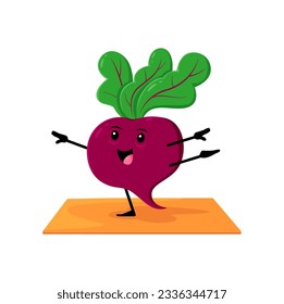 Cartoon beetroot vegetable character on yoga or pilates fitness sport. Vector comic beet veggies personage in yogi pose ptacticing on mat. Stretching class , health care practice, wellness activity