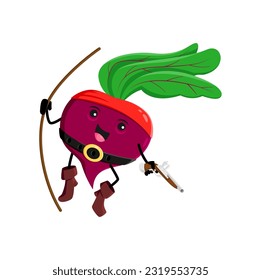 Cartoon beetroot vegetable pirate and corsair character. Vector beet sailor attack with musket hanging on rope. Isolated smiling buccaneer veggies, freebooter, picaroon kids book or game personage