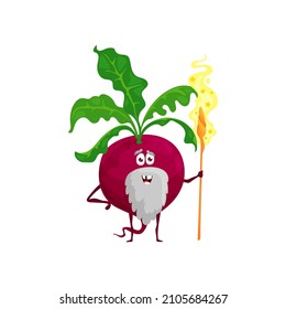 Cartoon beetroot wizard character, vector senior magician vegetable with grey beard and magic staff. Funny smiling sorcerer, healthy veggies fascinator personage. Beet wiz enchanter or conjurer