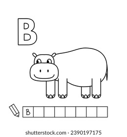 Cartoon behemoth coloring pages. Learning game for small children - write a word in English language. Vector alphabet for kids