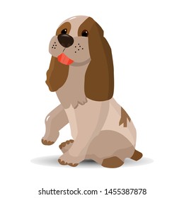 Cartoon beige color dog, sitting holding up a paw, on a white background, vector