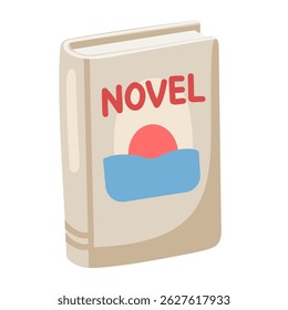Livro de romance bege de desenhos animados com design de capa de pôr do sol de férias. Leitura de praia de verão. Ilustração de vetor de desenhos animados sobre fundo branco. 