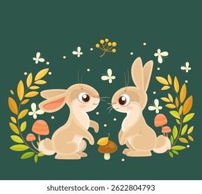 Cartoon beige rabbits surrounded by decorative forest objects on a green background