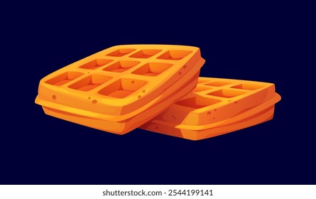 Obleas belgas de dibujos animados, confitería y pastelería dulce. Vector Dos gofres marrones dorados se apilan uno encima del otro. Apetitosos waffles de desayuno con hendiduras profundas y cuadradas y textura crujiente