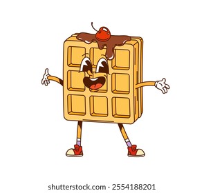 Cartoon Belgian waffle with chocolate topping groovy fast food character. Isolated vector wafer with a dripping and cherry berry. Cute fresh appetizer retro personage, funky pastry hippie y2k snack