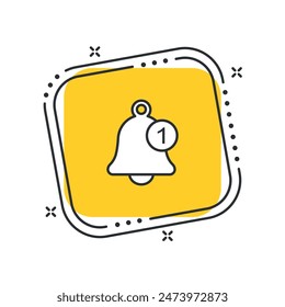 Icono de campana de caricatura Ilustración vectorial. Aviso y recordatorio sobre fondo cuadrado amarillo aislado. Concepto de signo de mensaje Nuevo.