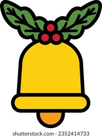 Cartoon bell illustration design. Minimalistic icon on white background. Illustration of yellow bells with christmas decoration. Colorful Christmas themed illustration. Simple and sweet design