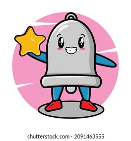 Cartoon bell mascot holding big golden star in cute style for t-shirt, sticker, logo element