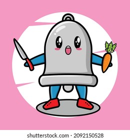 Cartoon bell mascot holding knife and carrot in cute style for t-shirt, sticker, logo element