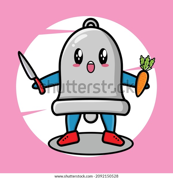 Cartoon bell mascot holding knife\
and carrot in cute style for t-shirt, sticker, logo\
element