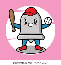 Cartoon bell mascot playing baseball in cute stylish design for t-shirt, sticker, and logo elements
