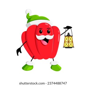 Cartoon bell pepper vegetable character with lantern. Isolated vector Christmas holiday paprika veggie personage donning an elf helper hat, holds glowing lamp, adding a merry touch to xmas celebration