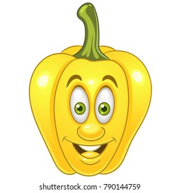 Cartoon Bell Pepper. Yellow Bulgarian Pepper. Happy Vegetable symbol. Eco Food icon. Emoji expression. Design element for kids coloring book, colouring page, t-shirt print, logo, label, patch, sticker