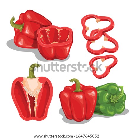 Cartoon bell peppers set. Red and green vegetables. Group with whole and halved red bells. Flying red slices. Vector illustrations collection isolated on white background.