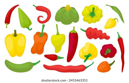 Pimientos de caricatura. Pimentón dulce, pimienta amarilla, verde y roja. Verduras frescas, ingredientes para cocinar. Alimentos saludables para el Vector neotérico