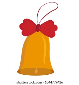 cartoon bell with a red bow. School bell, Christmas festive symbol. Clip art icon vector illustration isolated on white background