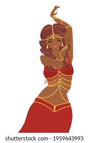 Cartoon belly dancer woman in red dress on white background illustration.