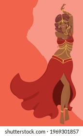 Cartoon belly dancer woman in red dress abstract background illustration.