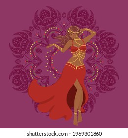 Cartoon belly dancer woman in red dress abstract background illustration.