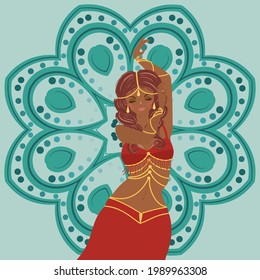 Cartoon belly dancer woman in red dress abstract background illustration.