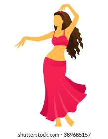 Cartoon belly dancer. Young slender girl in red east suit shows movement of arabic dance. Vector color drawing.