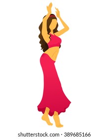Cartoon belly dancer. Young slender girl in red east suit shows movement of arabic dance. Vector color drawing.