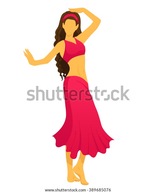 Cartoon belly dancer. Young slender girl in red east suit shows