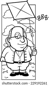 A Cartoon Ben Franklin With A Key On A Kite String.