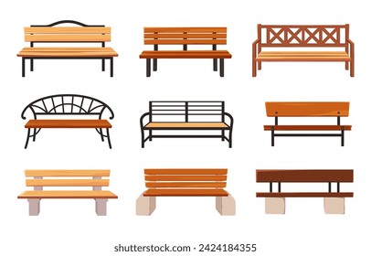 Banco de caricaturas. Bancos de parque de madera, cómodos asientos de jardín público y mobiliario exterior ilustrado vectorial. Elementos exteriores de madera para el descanso en una ciudad aislada en blanco