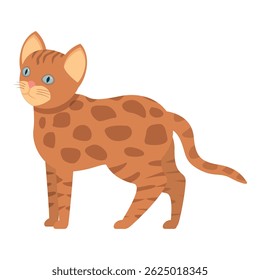 Cartoon bengal cat standing with brown fur and black spots looking curious