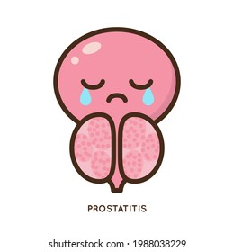 Cartoon Benign And Prostate Vector Illustration. Icon Character Of Male Urology Inflammation Disease. Flat Design For Diagram, Medical Journal Article. Prostatitis, Enlarged,obstruction,hypertrophy