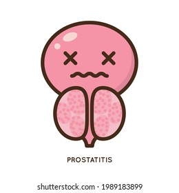 Cartoon Benign And Prostate Vector Illustration. Icon Character Of Male Urology Inflammation Disease. Flat Design For Diagram, Medical Journal Article. Prostatitis, Enlarged,obstruction,hypertrophy