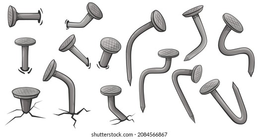 Cartoon bent nails. Set of Isolated steel metal nails. Carpentry concept isolated on white background. Construction vector illustration