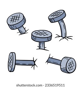 Caricatura doblada las uñas. Conjunto de metal de construcción de acero aislado Clavo de carpintería aislado sobre fondo blanco. Ilustración de esbozo