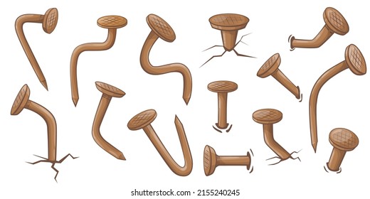 Cartoon Bent Rusty Nails. Set Of Isolated Old Steel Metal Nails. Carpentry Concept Isolated On White Background. Construction Vector Illustration