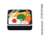 A cartoon bento box with rice, fish, broccoli, and vegetables.
