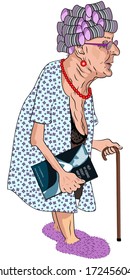 A Cartoon Of A Bent-over, Old Lady With Curlers In Her Hair, Wearing A Print Housecoat, Walking With A Cane, And Carrying A Self-help Book About Sex.